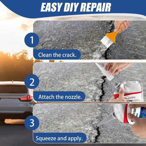 Steps showing Fast Drying Concrete Crack Filler Kit For Driveways And Foundations, Waterproof Self Leveling Cement Sealant application.