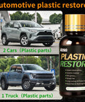 Quick On The Go Black Plastic Restorer For Cars Matte Black Trim Coating For Interior And Exterior Auto Parts Scratch Repair And Crystal Shine Easy Wipe On 30ml Bottle shown with two cars and one truck