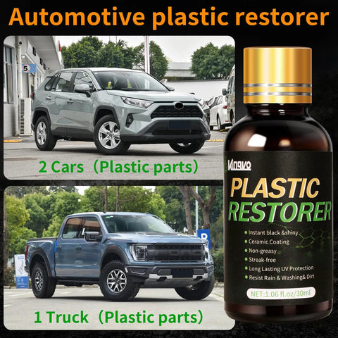 Quick On The Go Black Plastic Restorer For Cars Matte Black Trim Coating For Interior And Exterior Auto Parts Scratch Repair And Crystal Shine Easy Wipe On 30ml Bottle shown with two cars and one truck