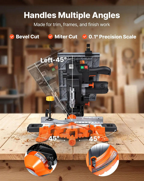 Two-In-One Miter And Table Saw With 8-1/4 Inch Blade, Precision Laser Alignment, 4800 RPM on table with angle guide