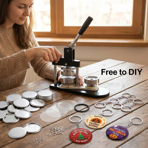 Person using 100 Sets Button Maker Kit With 58mm Shells And 1.98 Inch Keychain Rings on wooden table, with badges and materials displayed.