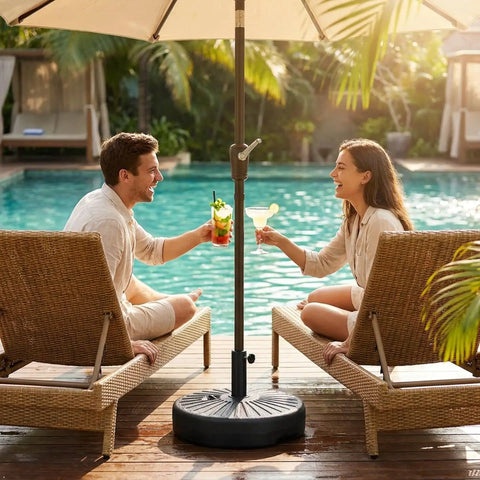 Rock Solid Heavy Duty Round Umbrella Base 85.7 Pound Water And Sand Filled Patio Stand beside pool with lounging couple