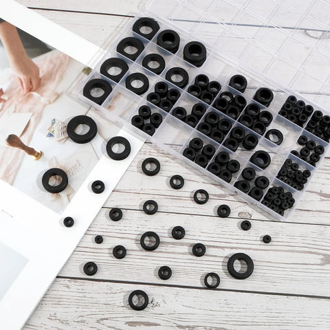 200 Pcs Rubber Grommet Kit Eight Sizes Hollow Firewall Grommets Assortment For Wiring And Cord Management Automotive Grommets Set For Hole Plugs One Quarter To One Inch Durable Automotive Wiring Grommets For Weatherproof Sealing And Cable Management displayed in a divided storage box on a wooden table.