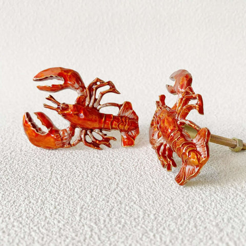 Lobster Shaped Cabinet Knobs Set of 2 Hand Painted Metal Drawer Pulls with Mounting Screws, ocean-inspired coastal decor.