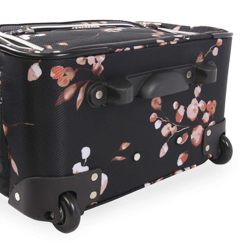 Close-up of Valentina Underseat Wheeled Carry On Luggage With Floral Branch Design with skate wheels and handle detail.