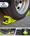 No Hassle 4 Pack Wheel Chocks For Travel Trailers And Campers Dual Wheel Stopper Set With Non Slip Base installed on vehicle