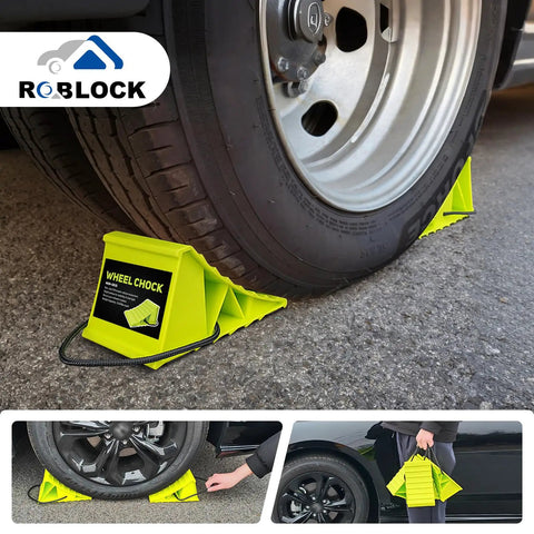 No Hassle 4 Pack Wheel Chocks For Travel Trailers And Campers Dual Wheel Stopper Set With Non Slip Base installed on vehicle