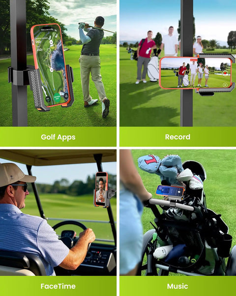Heavy Duty Golf Cart Phone Holder Mount With 3 Second Clip Install attached to golf cart with various app uses displayed