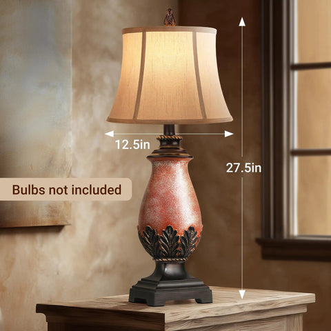 Set Of 2 Tall Farmhouse Rustic Table Lamps With Dimmable 3 Color Temperature Lighting From Warm 2700K Amber To Bright 5000K Daylight Cozy Vibe Perfect For Living Rooms Or Bedroom Nightstands Traditional Antique Coastal Decor In Amber Finish, single lamp side view with measurements.