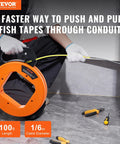Person using 100 Foot Fiberglass Fish Tape 1/6 Inch Flexible Wire Puller for Electrical Conduit with cushion grip handle.