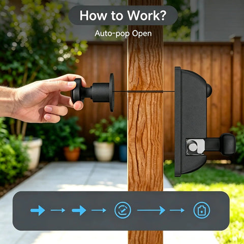 Heavy Duty One Hand Spring Pop Gate Latch With Self Locking Design For Wood And Vinyl Fences shown in use with auto-pop feature.
