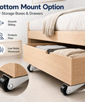 Quickest Sagging Door Fix Smooth Glide Upgrade For Heavy Drawers And Sliding Gates Rock Solid Silver Side Mount Non Swivel Low Profile Caster Wheels With Complete Hardware Set, showcasing smooth sliding casters under a wooden drawer.