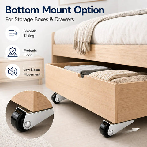 Quickest Sagging Door Fix Smooth Glide Upgrade For Heavy Drawers And Sliding Gates Rock Solid Silver Side Mount Non Swivel Low Profile Caster Wheels With Complete Hardware Set, showcasing smooth sliding casters under a wooden drawer.