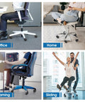 Heavy duty office chair caster wheels in various settings: office, home, gaming, and sliding fun with smooth, floor-safe gliding.