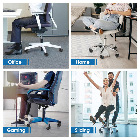 Heavy duty office chair caster wheels in various settings: office, home, gaming, and sliding fun with smooth, floor-safe gliding.