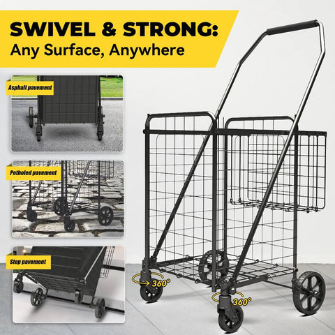 Heavy Duty Folding Shopping Cart With Double Basket And 380 Pound Capacity shown on various pavements with 360 degree wheels
