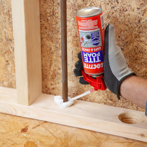 Spray Foam Sealant For Gaps And Cracks, Expands Up To 1 Inch, High Density Polyurethane Foam applied along pipe joint in construction.