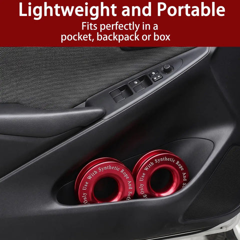 Two Pack Winch Snatch Recovery Ring Set 66,000 Lbs Heavy Duty Towing Ring For Soft Shackles And Synthetic Ropes Beefed Up For Off Road Recovery With ATV UTV SUV Truck Red in car door pocket