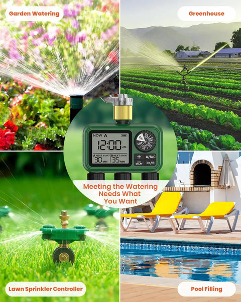 Collage featuring Outdoor Garden Water Timer for Hose with Auto Manual and Rain Delay Modes, 3 Zone Sprinkler Controller