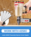 18 Gauge One Quarter Inch Narrow Crown Staples One Inch Length Heavy Duty Galvanized Upholstery Staples For Electric Or Pneumatic Narrow Crown Stapler Guns Four Thousand Pieces shown with meite 425KC stapler