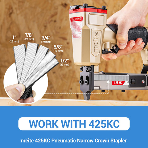 18 Gauge One Quarter Inch Narrow Crown Staples One Inch Length Heavy Duty Galvanized Upholstery Staples For Electric Or Pneumatic Narrow Crown Stapler Guns Four Thousand Pieces shown with meite 425KC stapler