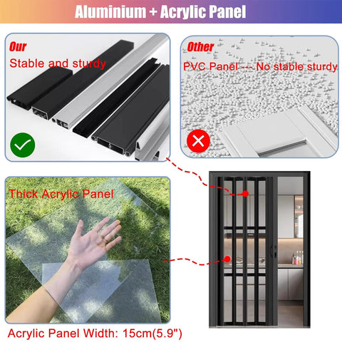 Custom Sized Insulated Sliding Accordion Room Divider With Smooth Folding Panels And Zero Sweat Setup For Interior Patios Or Laundry Rooms Featuring Heavy Duty Waterproof Aluminum Frame In Bright White, showcasing thick acrylic panels and aluminum profile details.