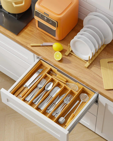 Expandable Bamboo Silverware Organizer For Drawers, Ultra Roomy 6 To 8 Slot Utensil Tray, Kitchen Storage Solution, Natural Finish