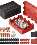 Heavy Duty Copper Bus Bar Power Distribution Block Set With Waterproof Covers For 12V 500A Systems with studs and lugs displayed.