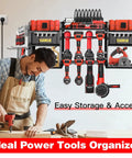 Garage Grade Heavy Duty Wall Mount Power Tool Organizer With Charging Station mounted in workshop with tools stored