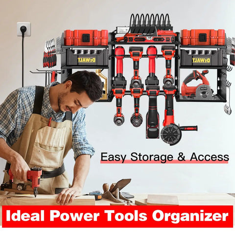 Garage Grade Heavy Duty Wall Mount Power Tool Organizer With Charging Station mounted in workshop with tools stored