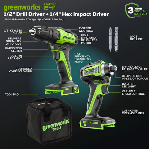 24V Max Cordless Brushless Drill And Impact Driver Combo Kit with 2 Batteries, Fast Charger, Storage Bag, green tools shown
