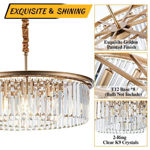 Close-up of 23 Inch 8 Light Modern Crystal Chandelier With Dual Gold Rings, showing crystals and gold finish details
