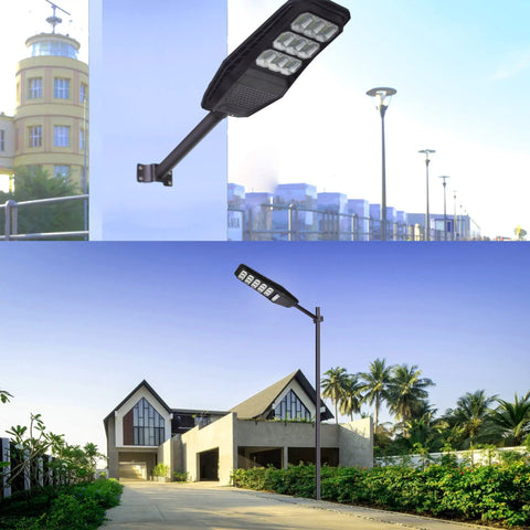 Sturdy Outdoor Pole Mounting Arm For Solar Lighting And Street Light Fixtures on building and street, black powder-coated steel