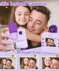 Kids Instant Print Camera for Creative Selfies and DIY Photos, Purple Gift for Girls and Boys Ages 3 to 12, Inkless Photo Printer Kit With 3 Print Rolls and 5 Colored Pens, Great for Scrapbooks, Crafts, and Colorful Memories, purple kid camera with 8x zoom and selfie lens