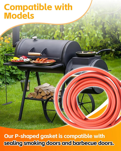 Front view: orange silicone P-gasket seal coil for smoker door; 13 ft long, 7/16 in thick, 7/8 in wide