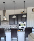 Three Tiffany Style Hanging Pendant Lamp 12 Inch Stained Glass With White Jeweled Inset above kitchen counter