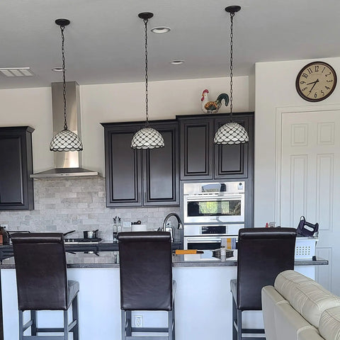 Three Tiffany Style Hanging Pendant Lamp 12 Inch Stained Glass With White Jeweled Inset above kitchen counter