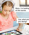 Girl using tablet with Four Pack Indoor 1080P Security Cameras With Motion Detection Night Vision And Two Way Audio.