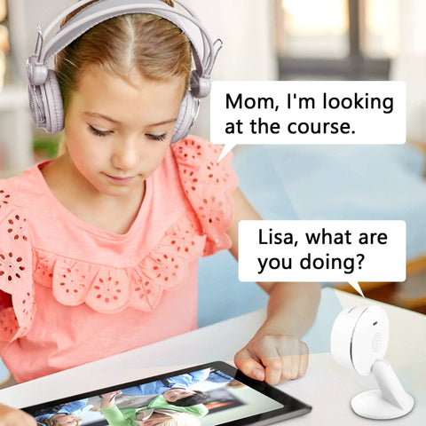 Girl using tablet with Four Pack Indoor 1080P Security Cameras With Motion Detection Night Vision And Two Way Audio.