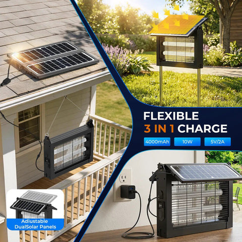 Top Notch Dual Solar Powered Bug Zapper Outdoor Cordless Mosquito Killer 4500V Waterproof installed in various locations