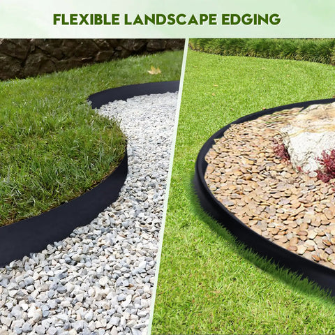 Landscape Edging Kit 33 Foot Roll 4 Inch Plastic Garden Edging With 100 Spikes creating borders between grass and gravel