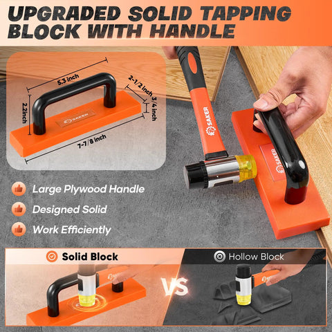 Upgraded solid tapping block with handle from 7-In-1 Laminate Flooring Installation Kit, showing size and features.