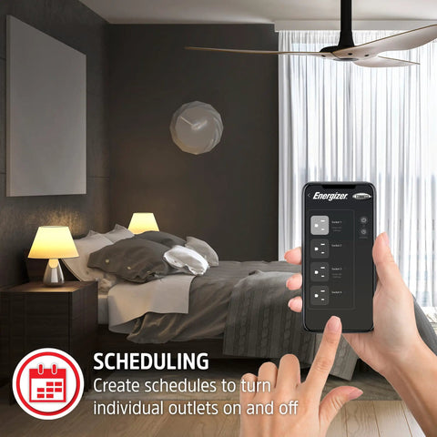 Smart Wi Fi Power Strip Surge Protector With Four Outlets Two Usb Ports Keeps Your Gear Fully Charged A Real Game Changer For Smart Homes Featuring Voice Commands And Totally Hassle Free App Scheduling in a modern bedroom, with a hand using the app.