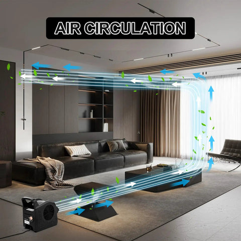 High Velocity Blower Fan Air Mover For Floor Drying And Ventilation, 355 CFM Portable Utility Fan showing air circulation in a living room.