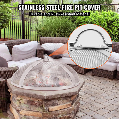Round 27 Inch Fire Pit Spark Screen Built Tough With Ring Handle Heavy Duty Stainless Steel Cover For Outdoor Patio Backyard Fire Pits Easy Open Top Screen Lid