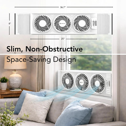Triple Window Fan With Adjustable Thermostat, Three Speed High Velocity Cooling, Horizontal Or Vertical Manual Control, Fits Double Hung Windows Min 25 By 8 Inches, Fully Assembled, White installed in living room window