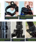 Quick Release Bike Seat Post Clamp Aluminum Alloy Collar For 28.6mm, 31.8mm Or 34.9mm Seat Posts Easy Install Lightweight Durable Bicycle Seat Clamp With Silicone Dust Cover For Water Protection installation steps showing adjustment and secure fitting on bike seat post.