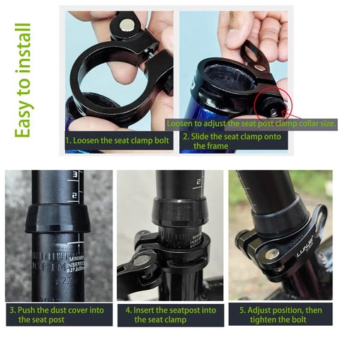 Quick Release Bike Seat Post Clamp Aluminum Alloy Collar For 28.6mm, 31.8mm Or 34.9mm Seat Posts Easy Install Lightweight Durable Bicycle Seat Clamp With Silicone Dust Cover For Water Protection installation steps showing adjustment and secure fitting on bike seat post.