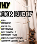 Adjustable Cat Door Latch and Stopper for Interior Hinged Doors, heavy duty door straps with non-permanent installation and a dog.