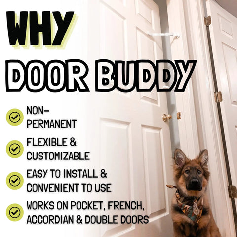Adjustable Cat Door Latch and Stopper for Interior Hinged Doors, heavy duty door straps with non-permanent installation and a dog.